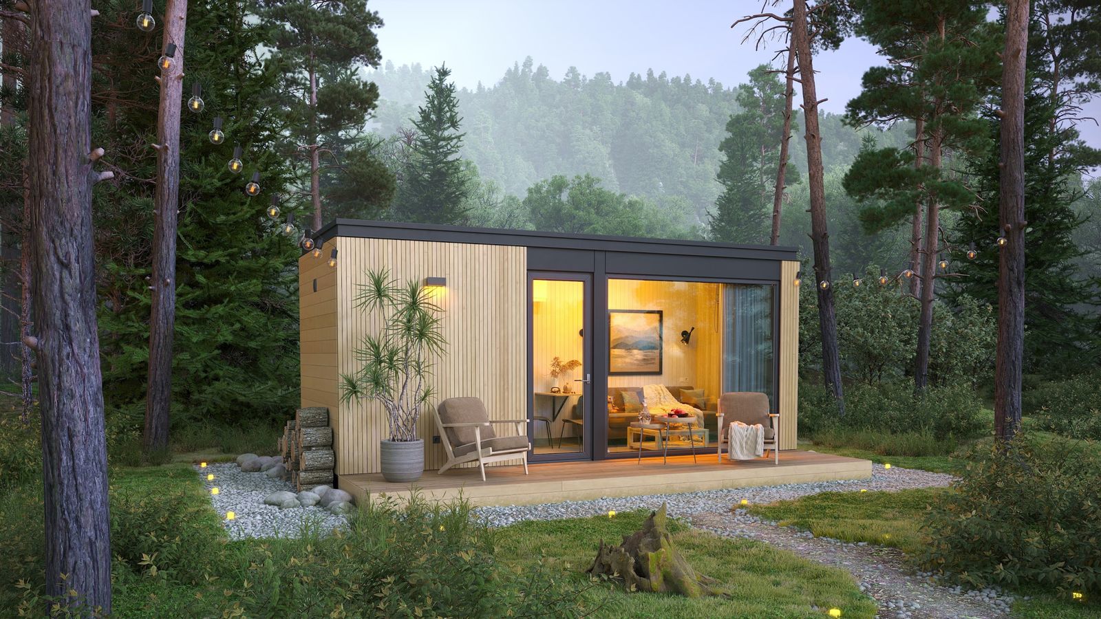Dom modułowy Baxter Compact Living w lesie o zmierzchu